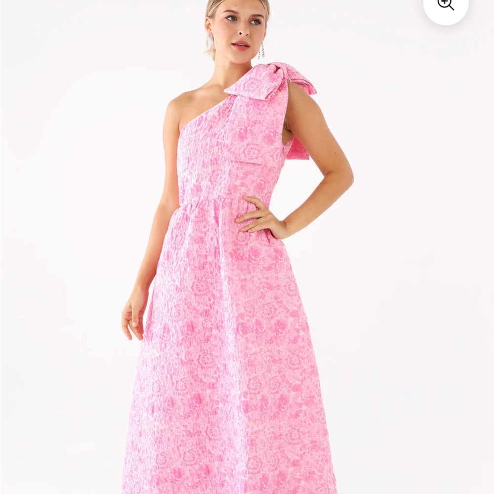 Abbey Glass Chic Pink One Shoulder Dress with Bow in Pink Bubble, XL